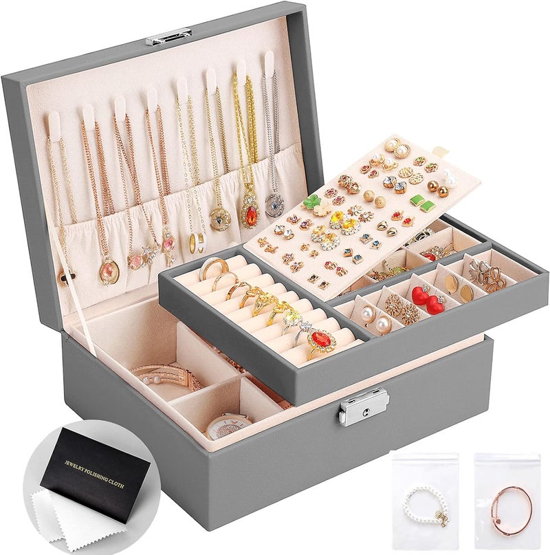 Sanikeon Jewelry Box for Women Girls 2 Layer Leather Travel Jewelry Organizer Storage Case with Lock and Removable Tray for Necklace Earrings Rings Bracelets Gift, Come with Polishing Cloth and Jewelry Bags - Image 1